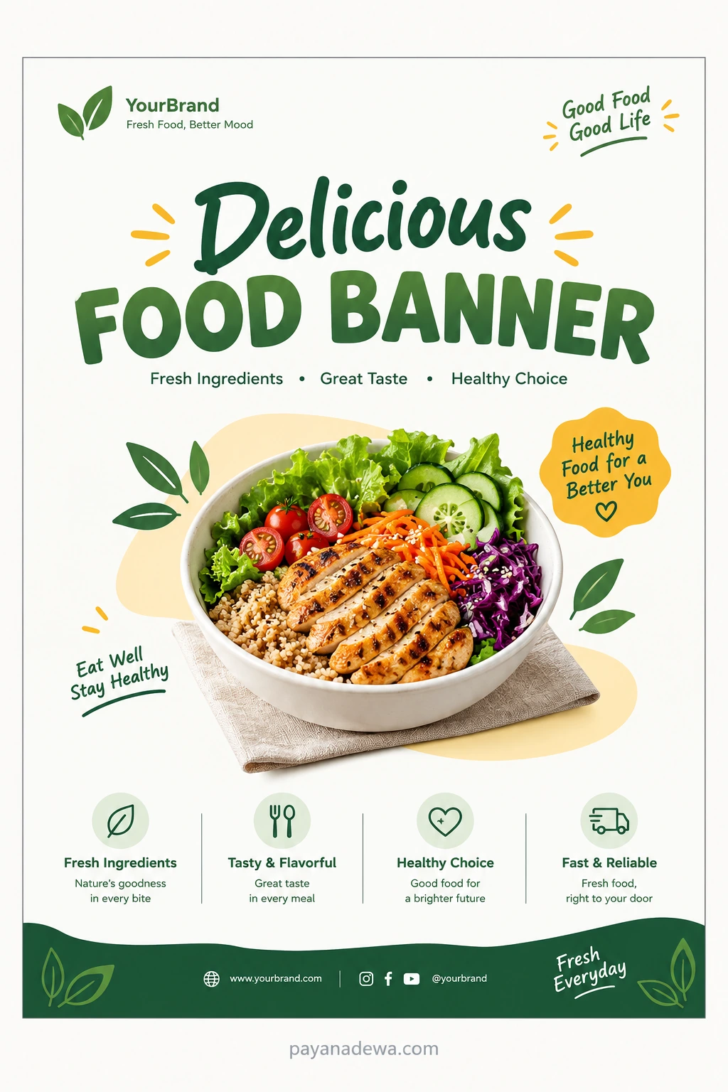 Clean printable food banner template featuring healthy food, fresh ingredients, restaurant branding, and promotional text