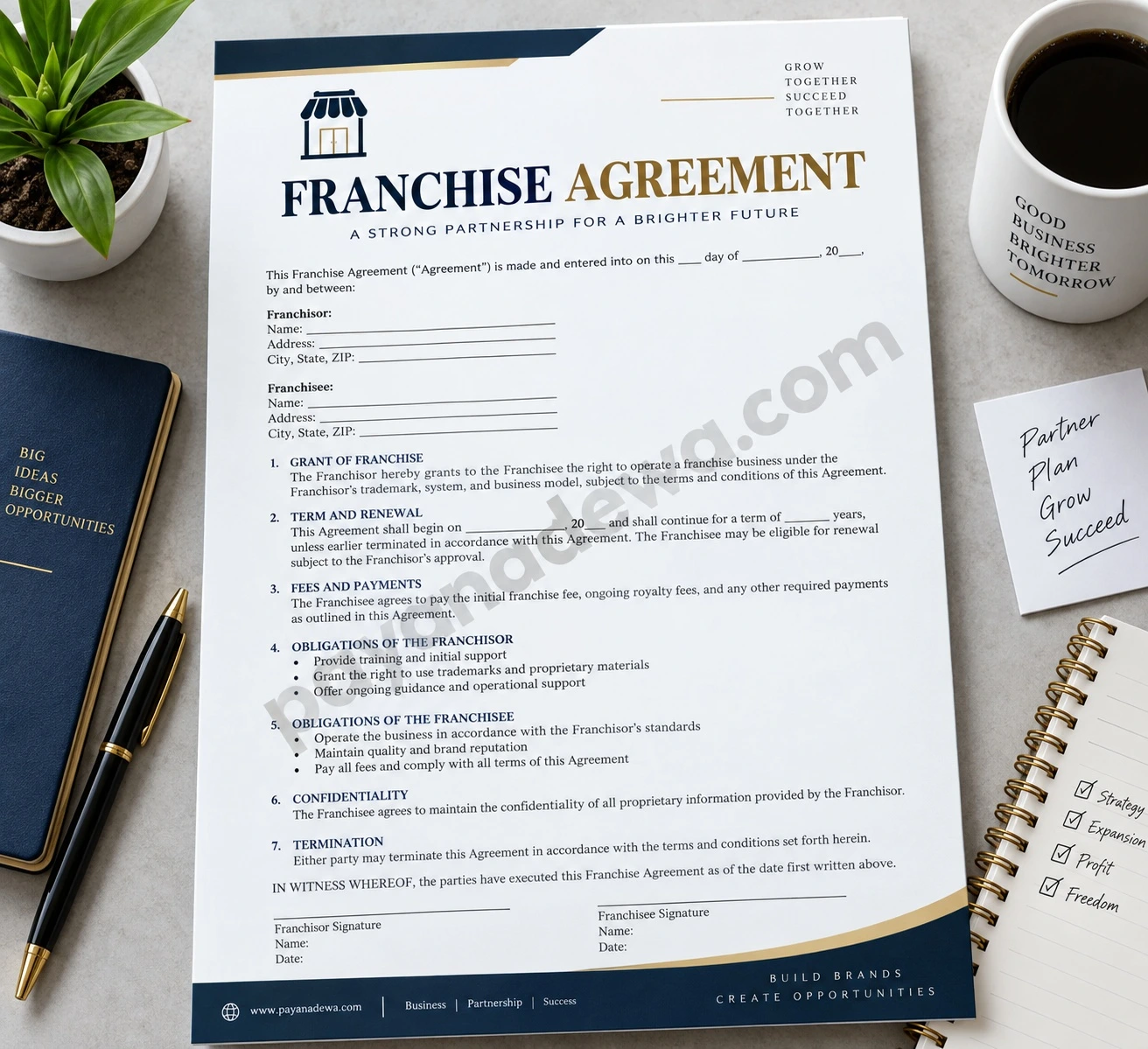Franchise Agreement Template document with franchisor and franchisee contract sections