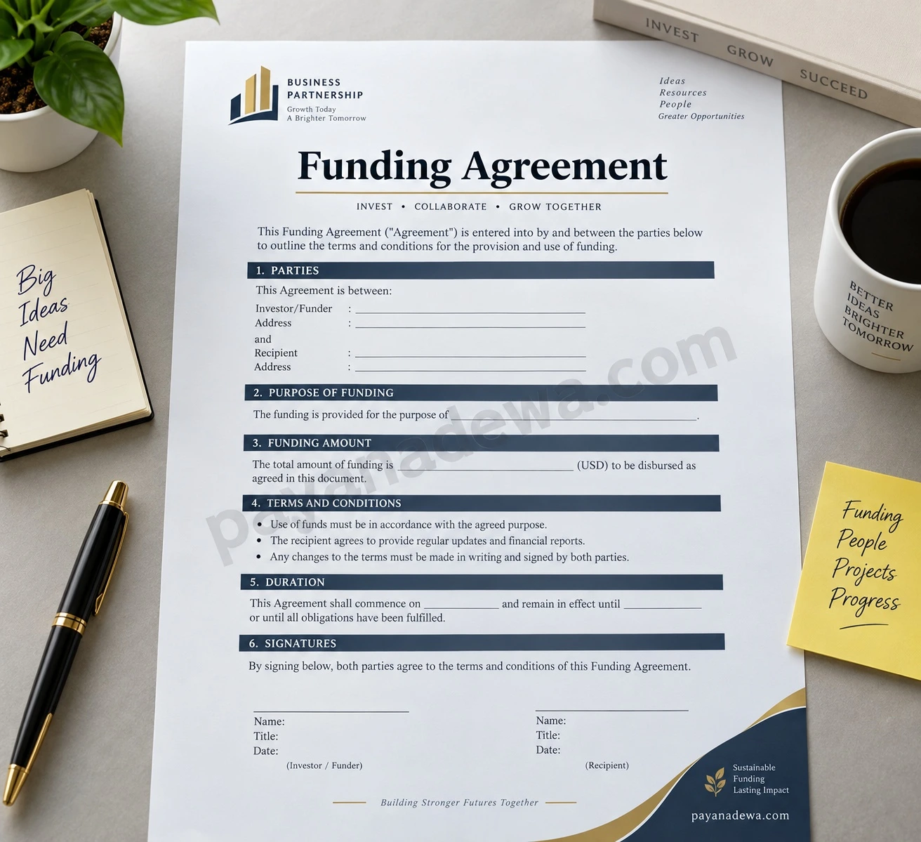 Professional Funding Agreement template showing funding parties, purpose, amount, terms and conditions, duration, and signature sections