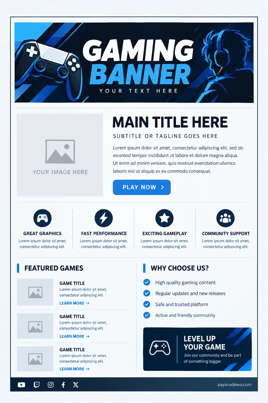Clean modern Gaming Banner template with blue gaming graphics, controller, gamer silhouette, featured games, and customizable content sections
