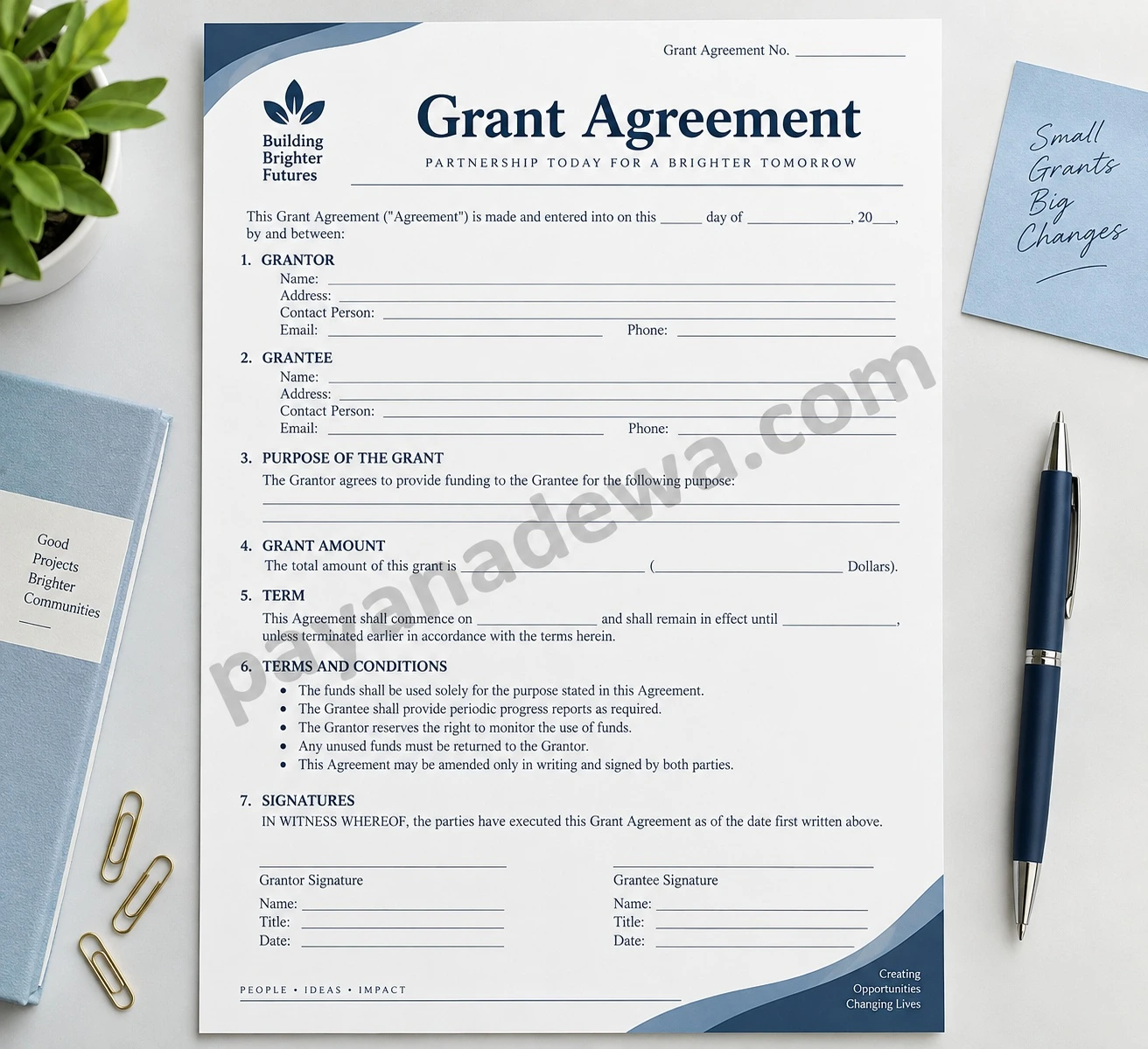 Grant Agreement Template document with grantor, grantee, funding purpose, grant amount, terms, and signature sections