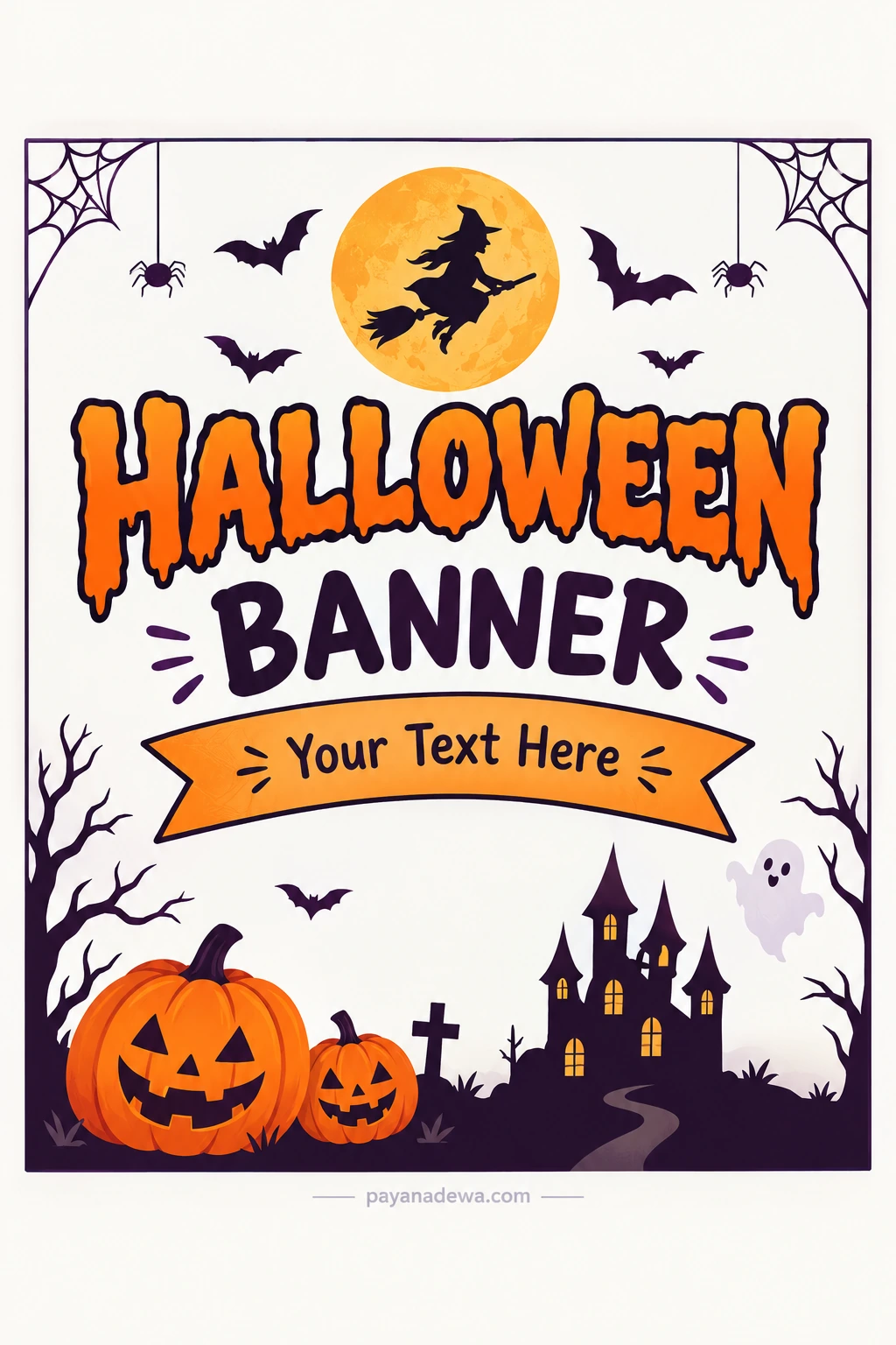 Printable Halloween Banner Template with pumpkins, bats, witch, haunted house, ghost, and Halloween decorations