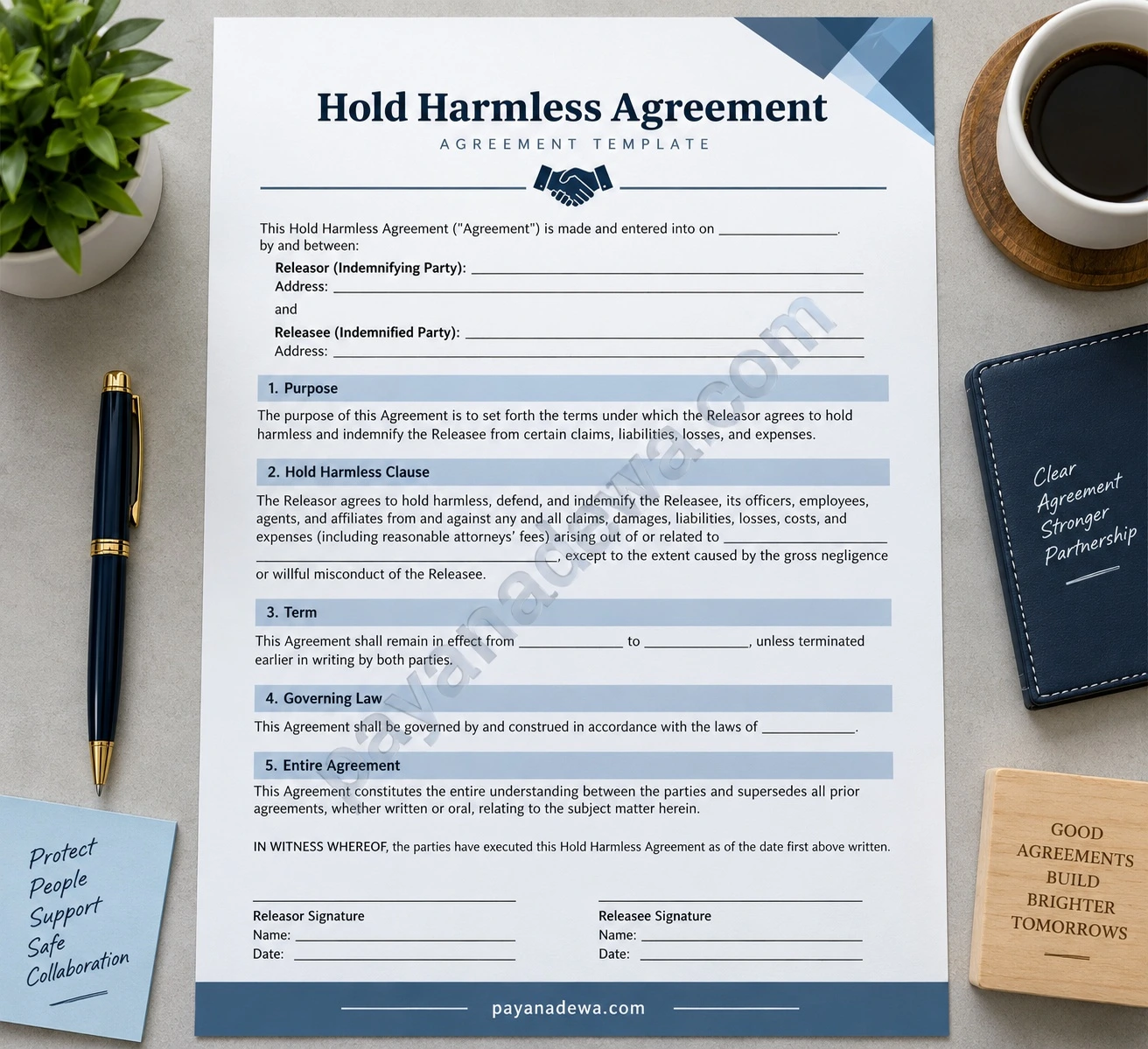 Hold Harmless Agreement template showing liability protection, indemnification terms, governing law, and signature sections