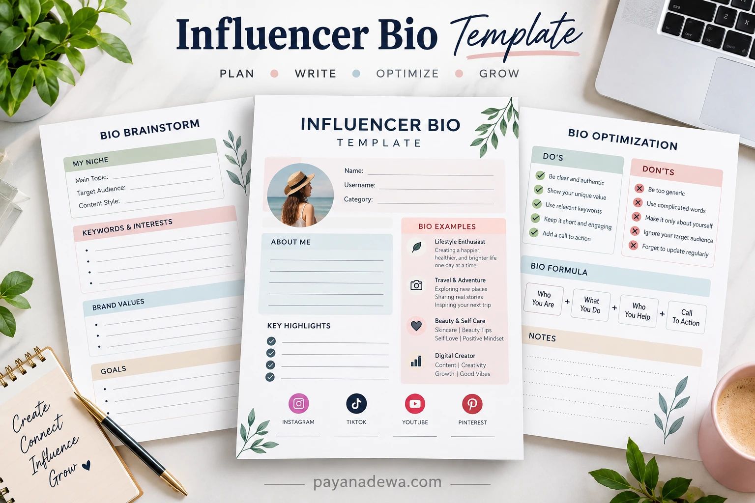 Influencer bio template printable worksheet with profile planning sections, bio examples, optimization tips, and social media profile prompts.