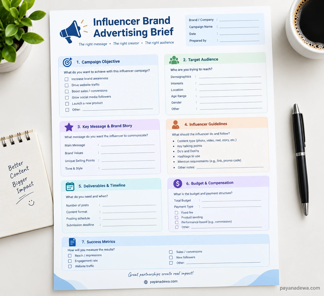 Influencer Brand Advertising Brief Template Influencer Brand Advertising Brief Template with campaign objectives, target audience, influencer guidelines, deliverables, budget, and success metrics