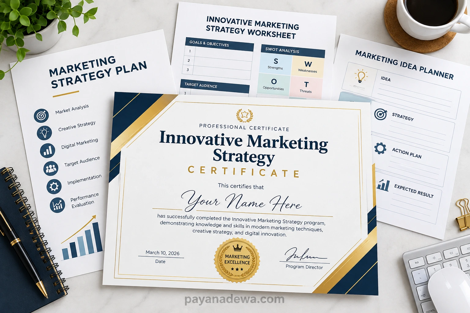 Innovative Marketing Strategy Certificate Template Printable Innovative Marketing Strategy Certificate with marketing plan, SWOT analysis, and idea planner worksheets