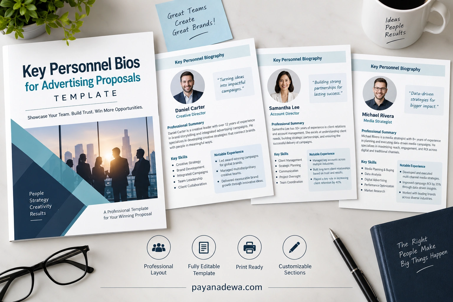 Key Personnel Bios for Advertising Proposals Template Key Personnel Bios for Advertising Proposals Template showing professional advertising team biography pages and proposal profile sections