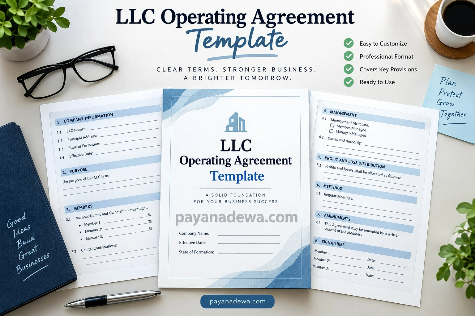 LLC Operating Agreement Template LLC Operating Agreement Template with company information, ownership, management, distribution, and signature sections