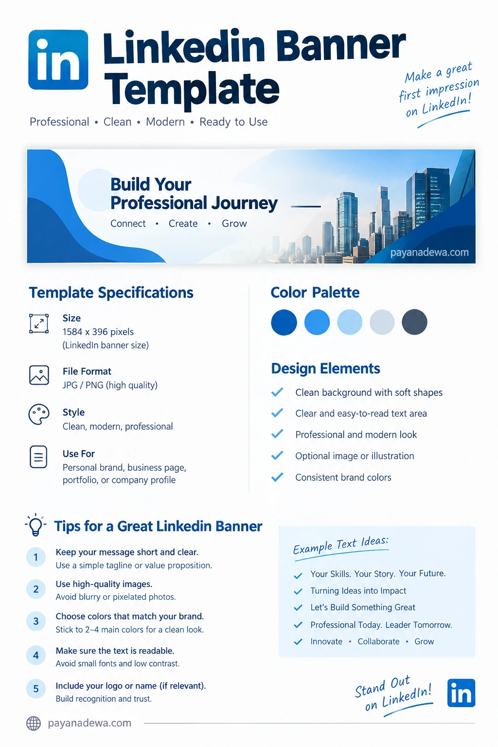 Professional LinkedIn banner template with clean modern design, specifications, tips, and branding ideas