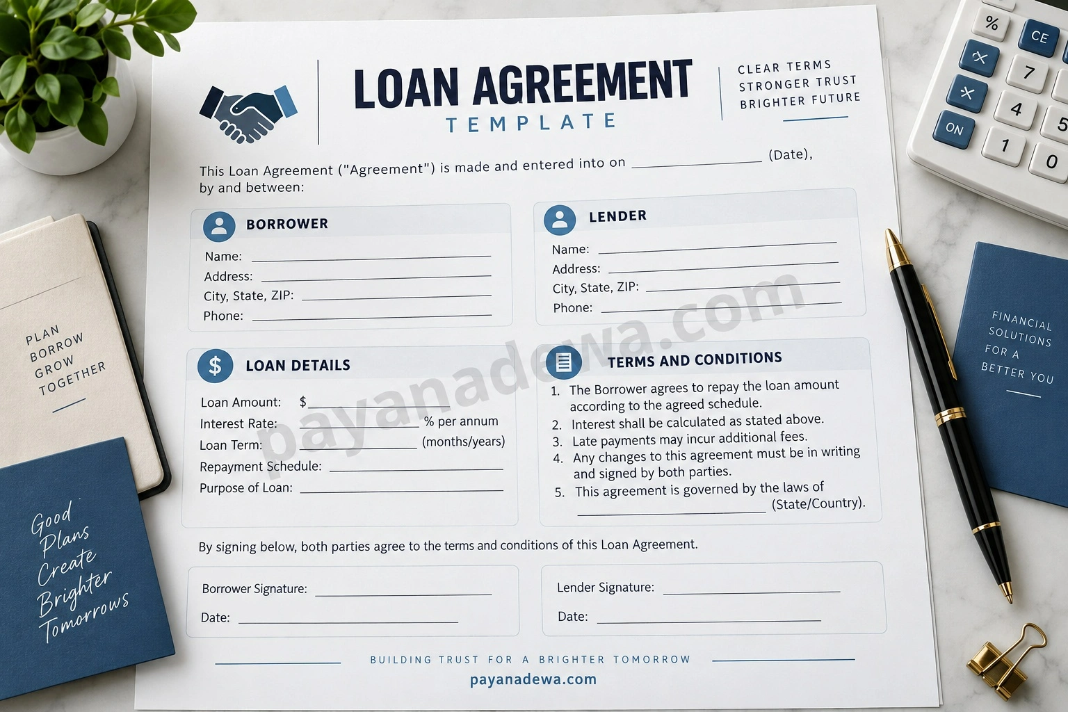 Loan Agreement Template Loan Agreement Template showing borrower, lender, loan details, terms and conditions, and signature sections