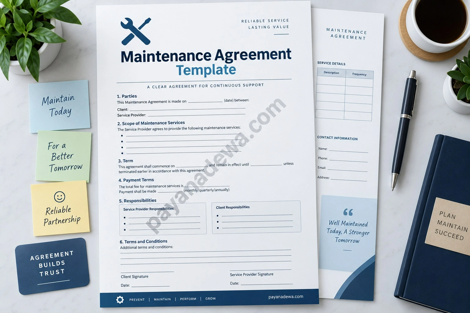 Maintenance Agreement Template Maintenance Agreement Template document for organizing maintenance services, responsibilities, payment terms, and contract conditions