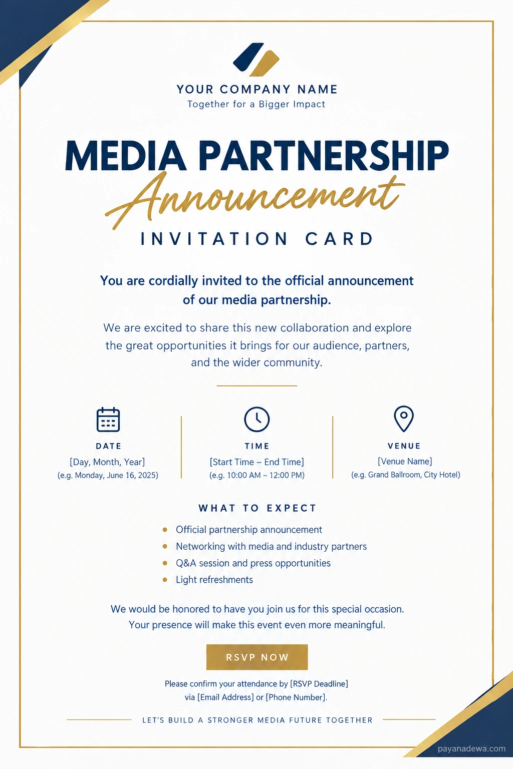 Media Partnership Announcement Invitation Card Template Clean printable Media Partnership Announcement Invitation Card template with navy and gold design