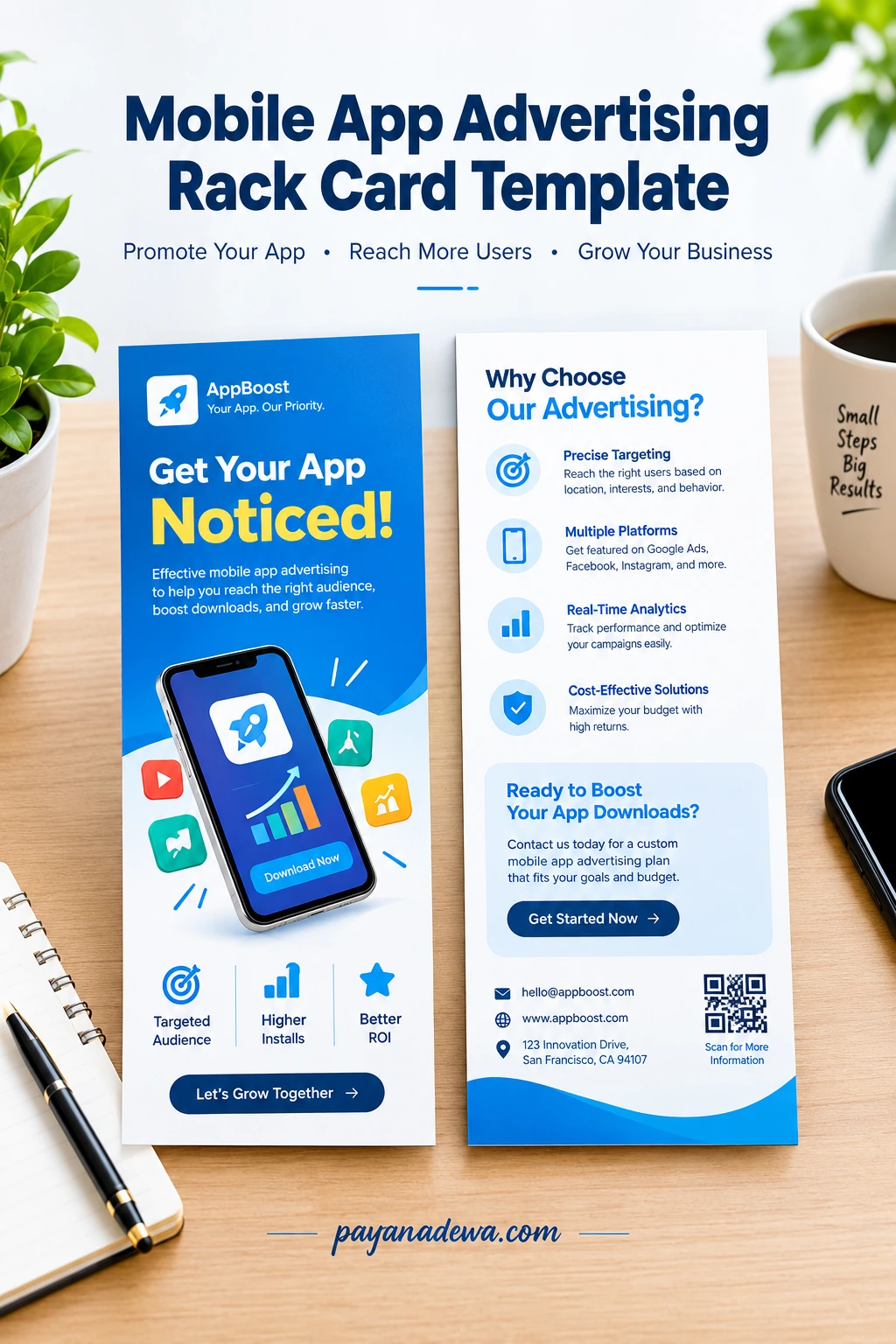Mobile App Advertising Rack Card Template featuring smartphone graphics, app promotion benefits, QR code placement, and a blue and white promotional design.