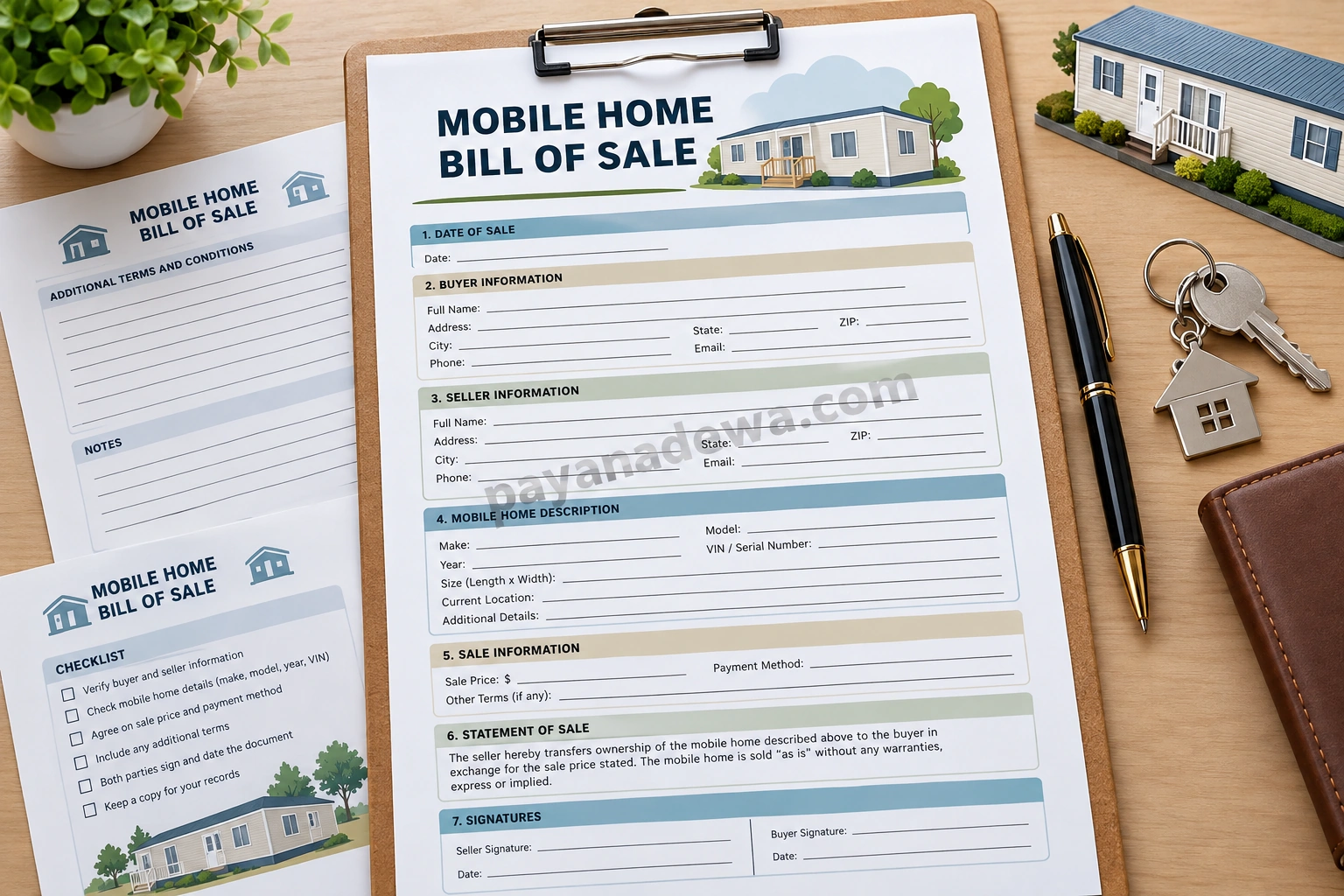 Mobile Home Bill of Sale Template with buyer, seller, property, payment, and signature sections