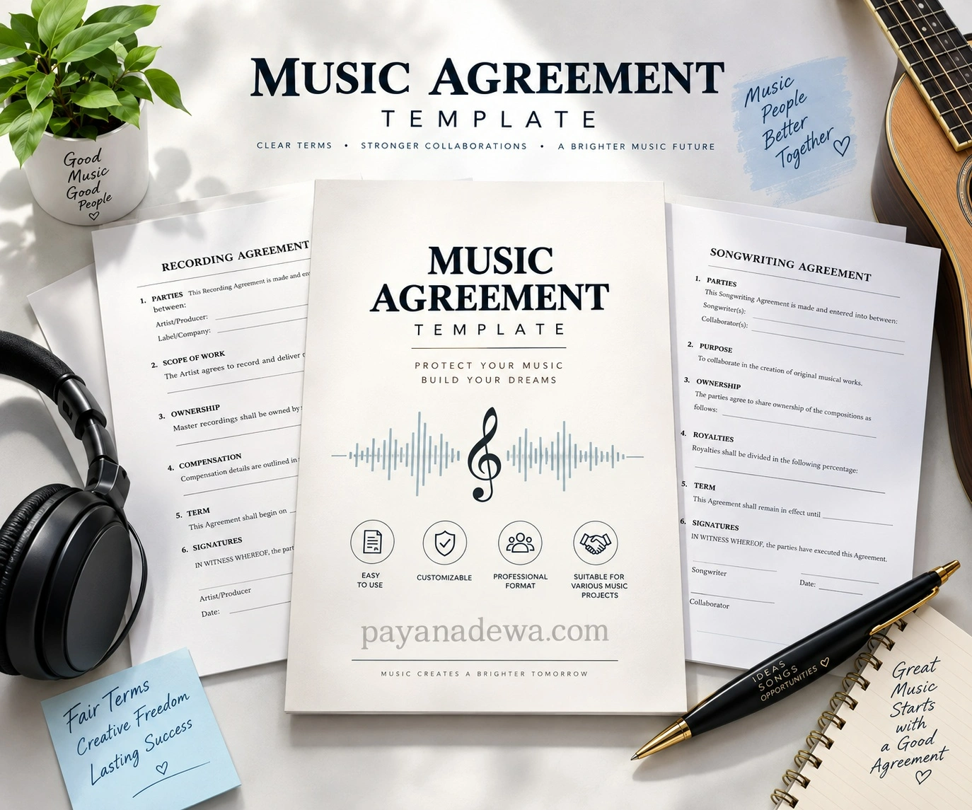 Music Agreement Template Music Agreement Template with professional music contract documents and creative workspace