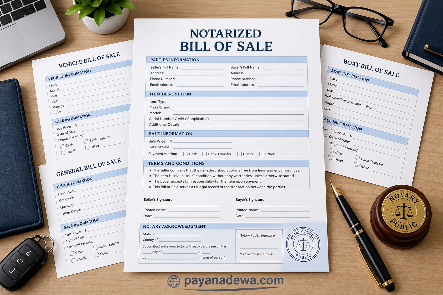 Notarized Bill Of Sale template showing buyer and seller information, sale details, signatures, and notary acknowledgment