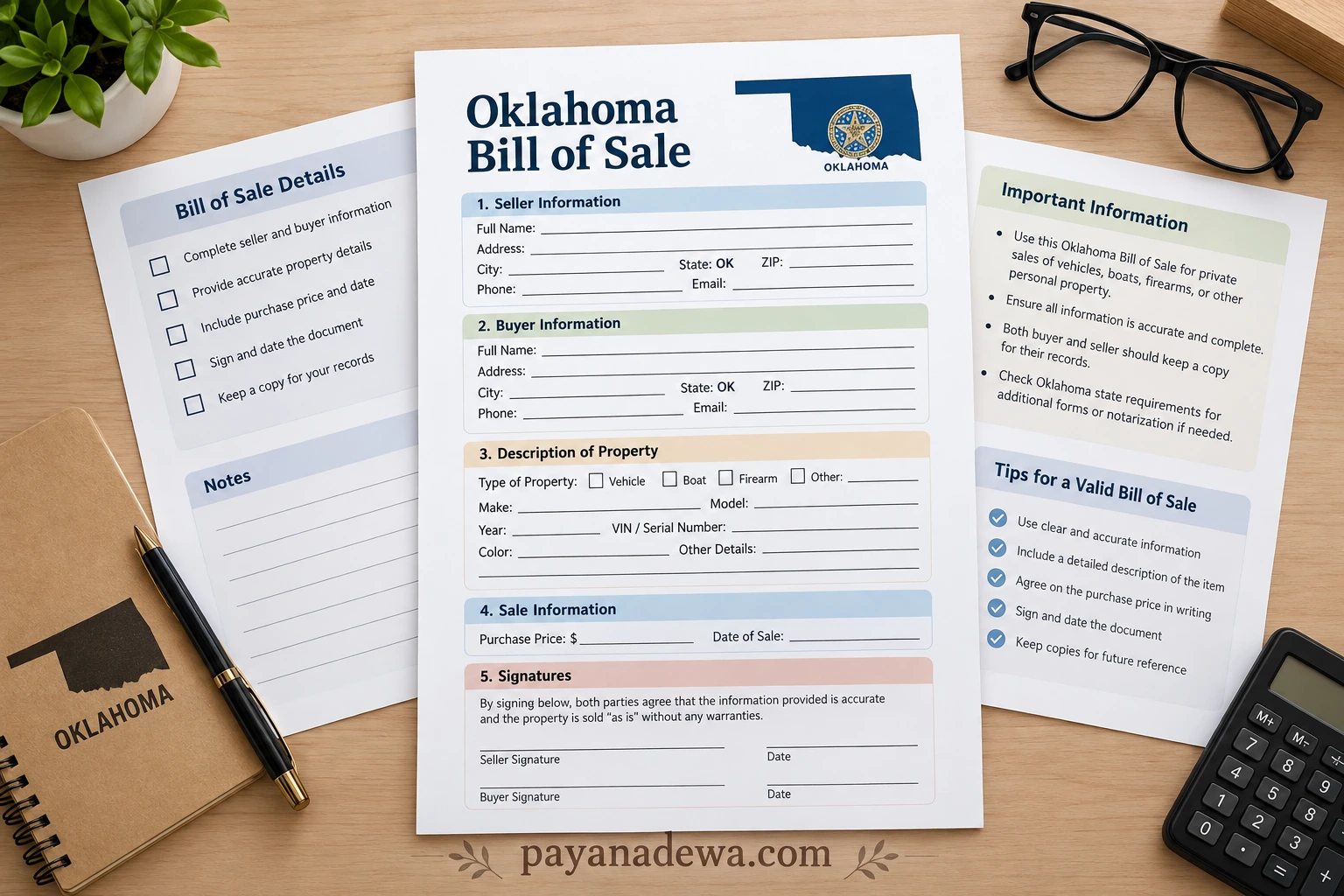 Oklahoma Bill of Sale printable template with buyer, seller, vehicle, purchase price, and signature sections