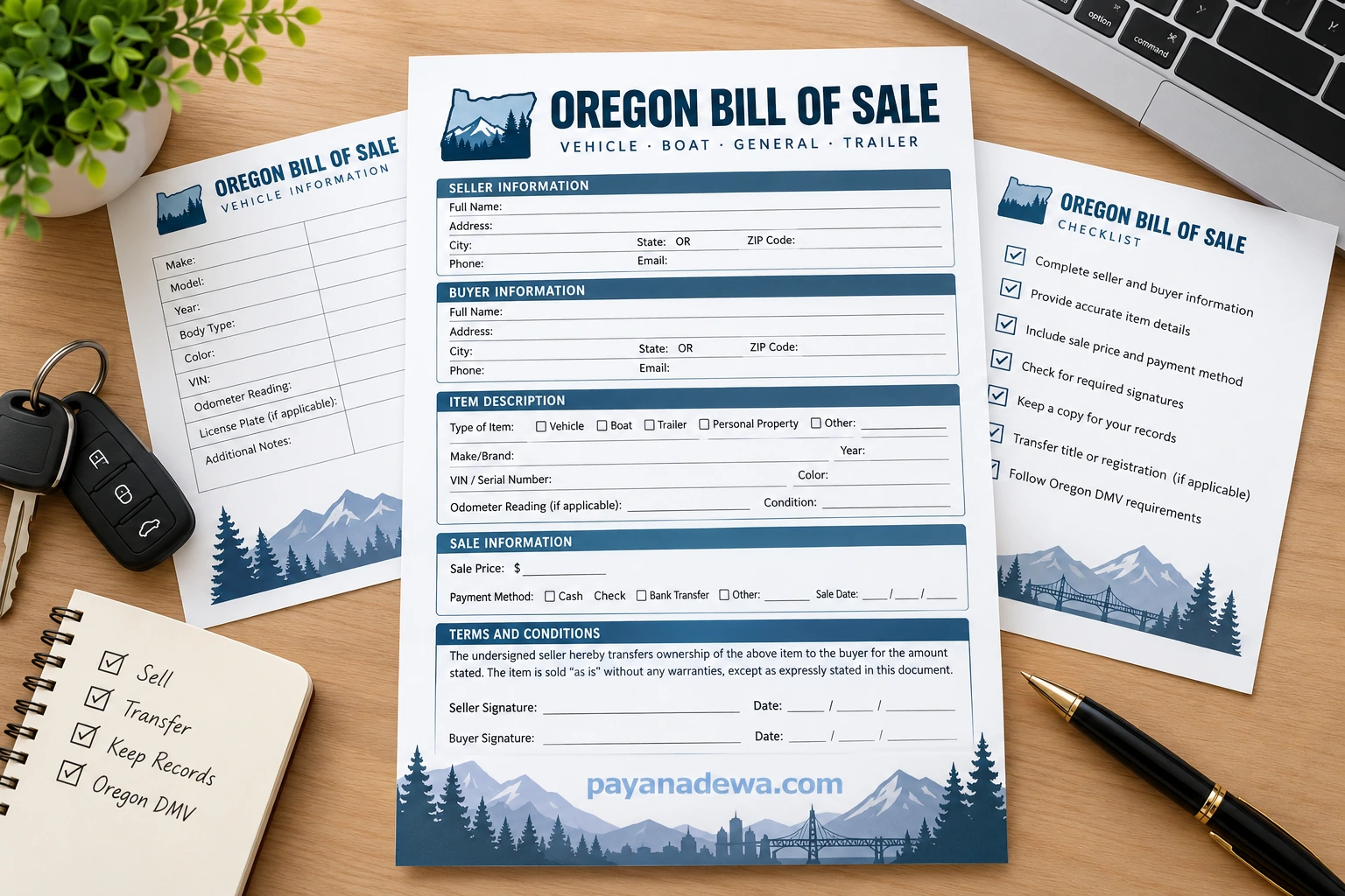 Printable Oregon Bill Of Sale Template for vehicle, boat, trailer, and personal property transactions