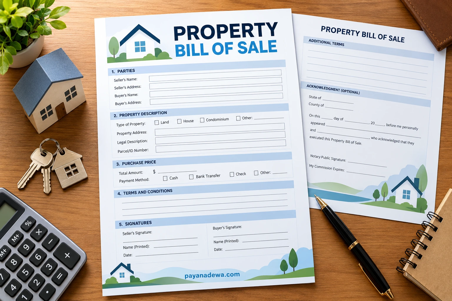Property Bill Of Sale Template showing property details, purchase price, terms, and signatures
