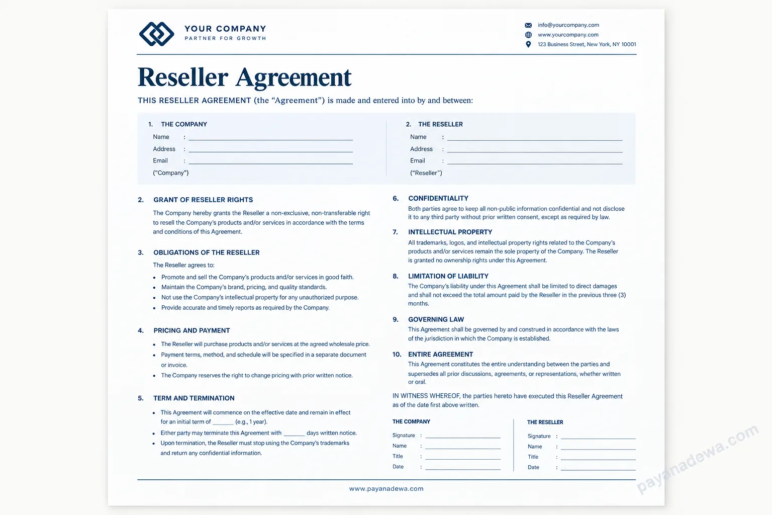 Reseller Agreement template showing key contract terms, reseller obligations, pricing, confidentiality, termination, and signature sections