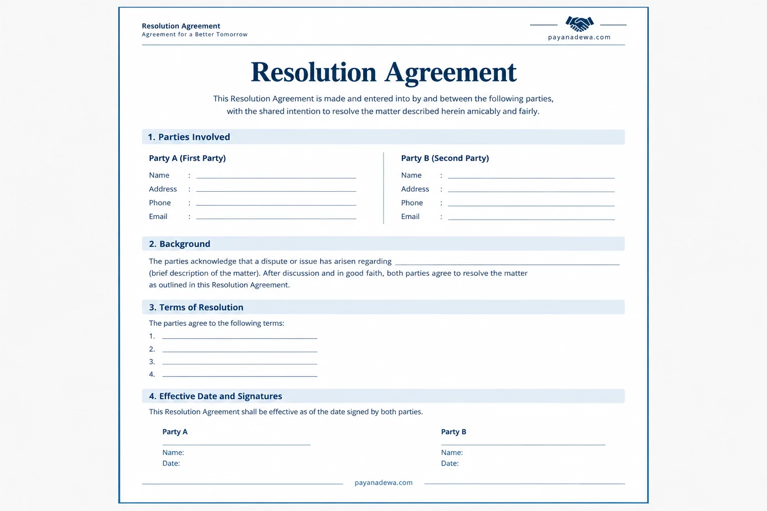 Printable Resolution Agreement template with parties, resolution terms, effective date, and signature sections
