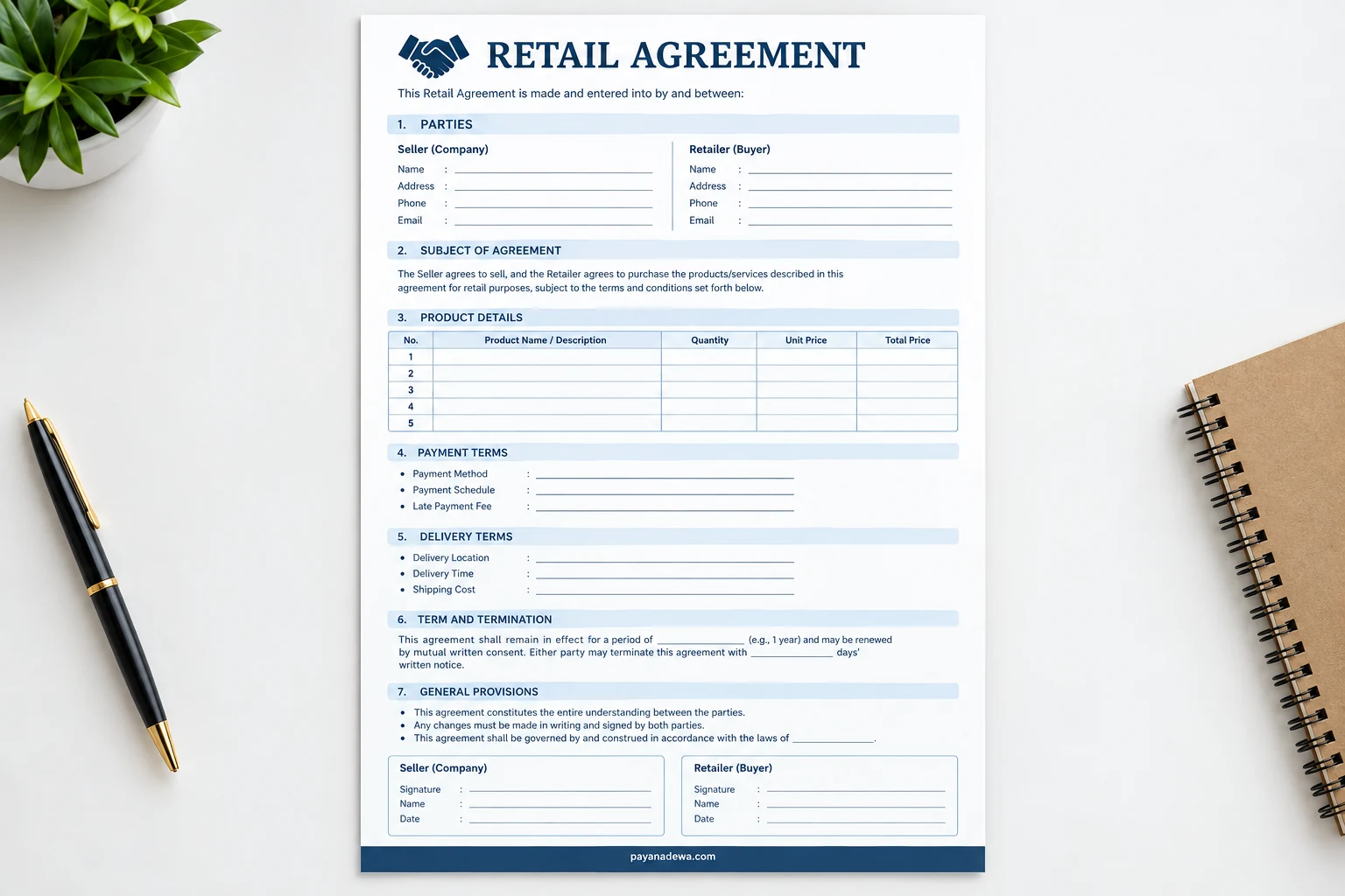 Retail Agreement Template Retail Agreement template with product details, payment terms, delivery terms, and signature sections