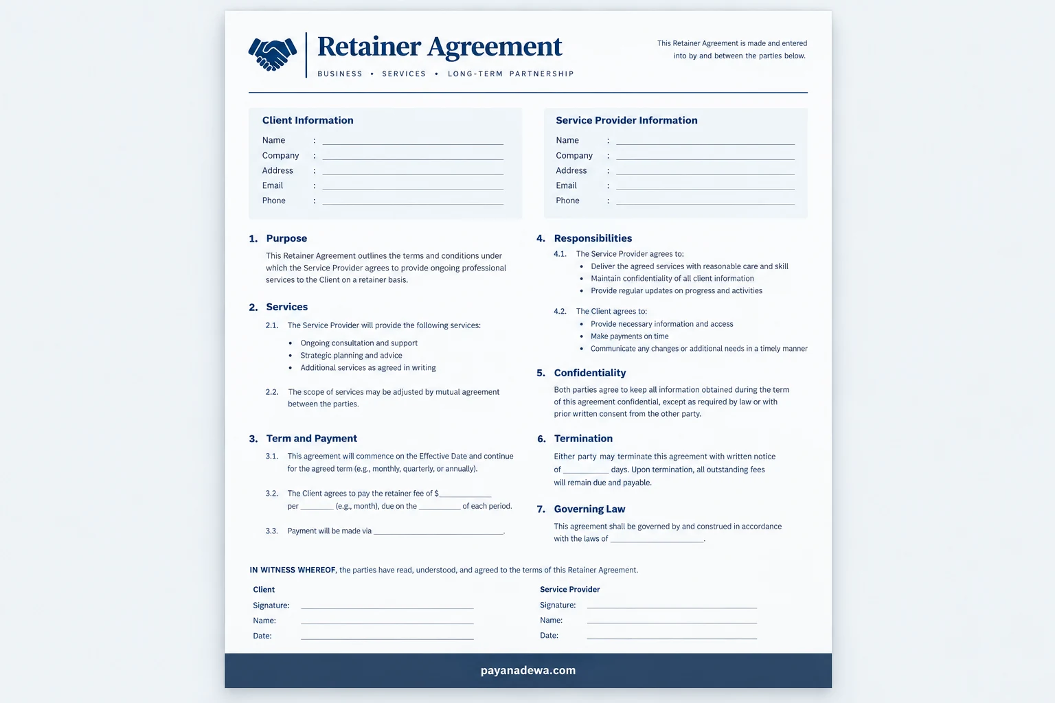 Printable retainer agreement template with service, payment, termination, confidentiality, and signature sections