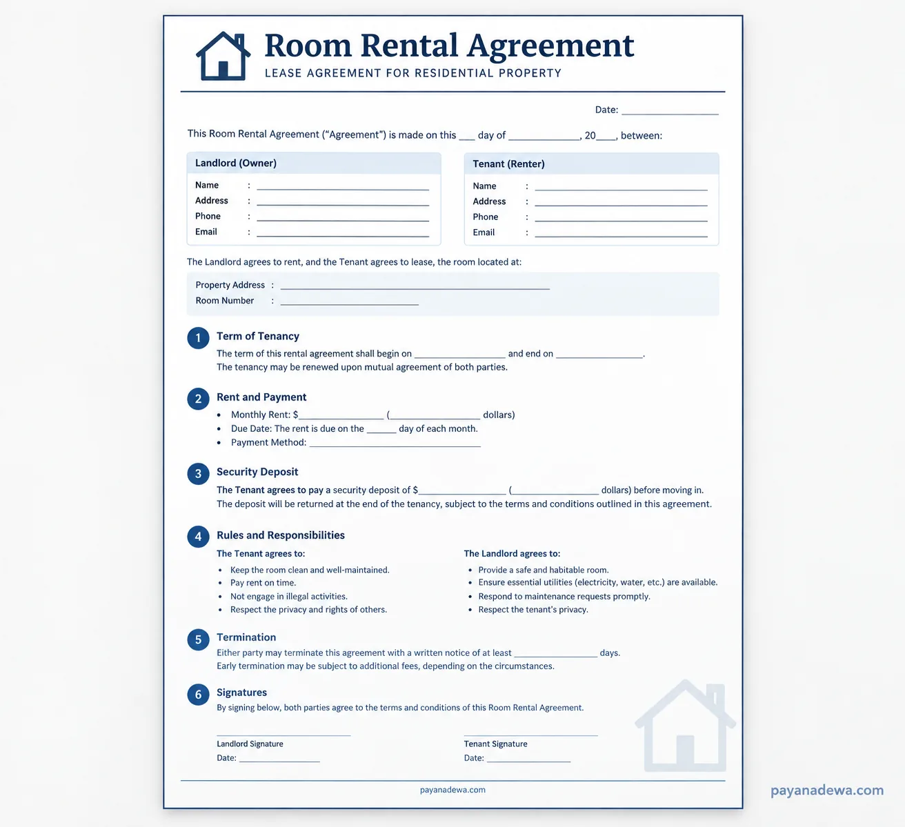 Room Rental Agreement template with landlord, tenant, rent, deposit, rules, termination, and signature sections
