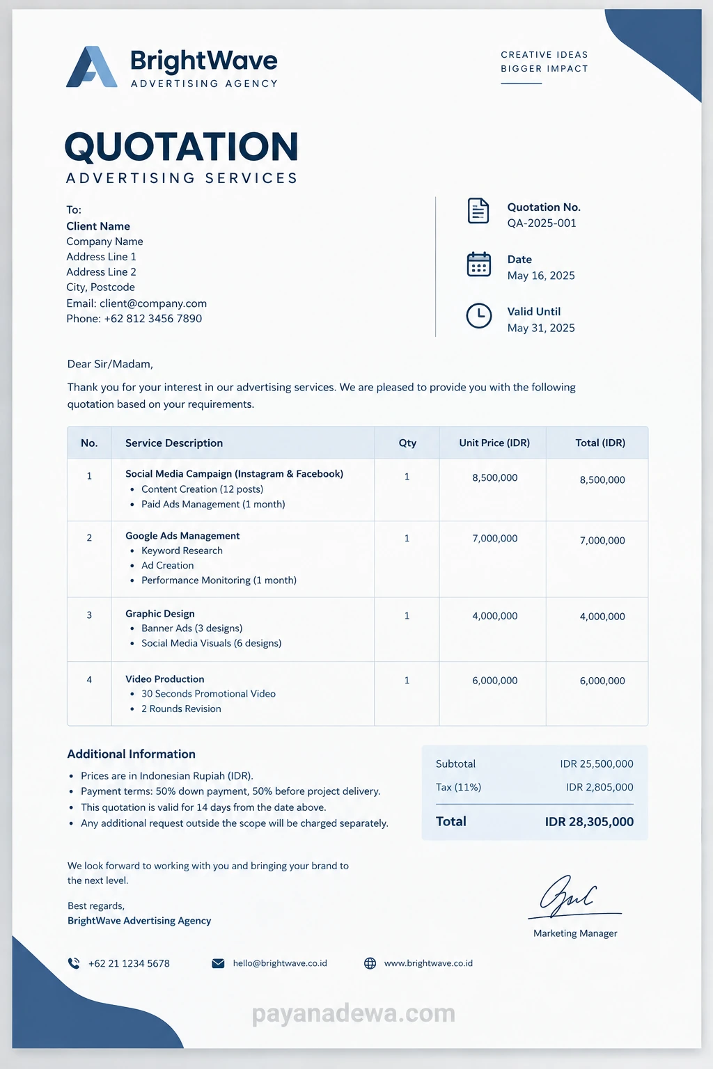 Sample advertising agency quotation template showing advertising services, pricing, terms, and client information