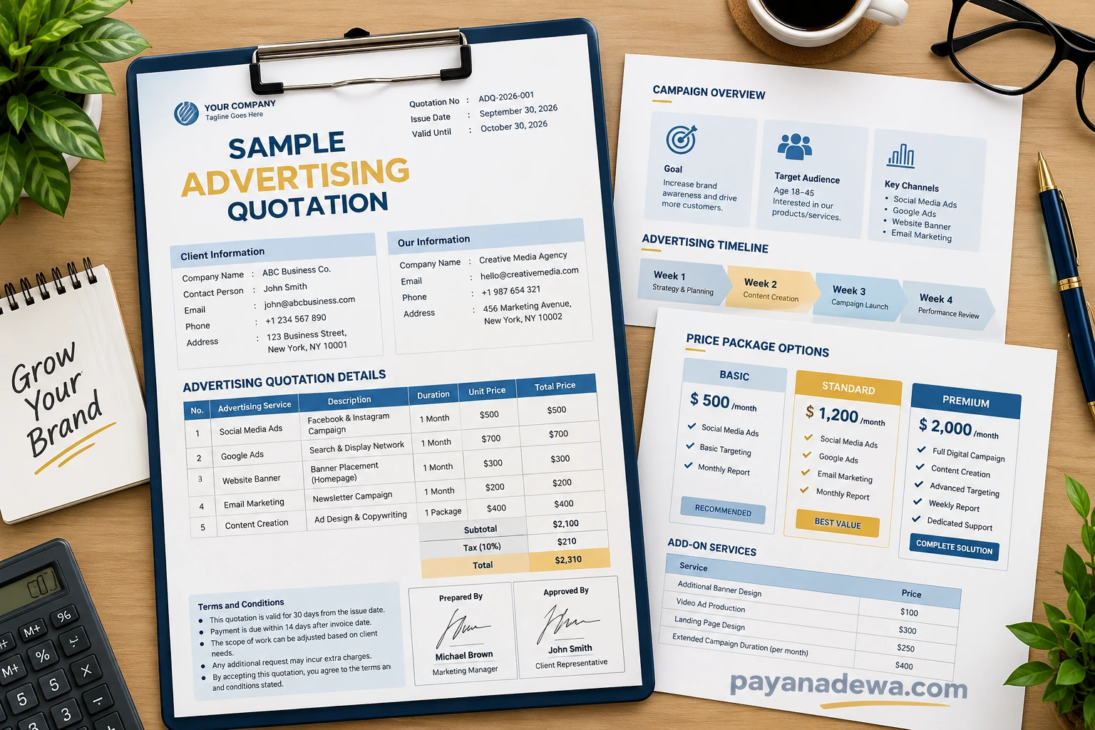 Sample advertising quotation template showing client details, campaign services, itemized prices, package options, timeline, and approval fields.