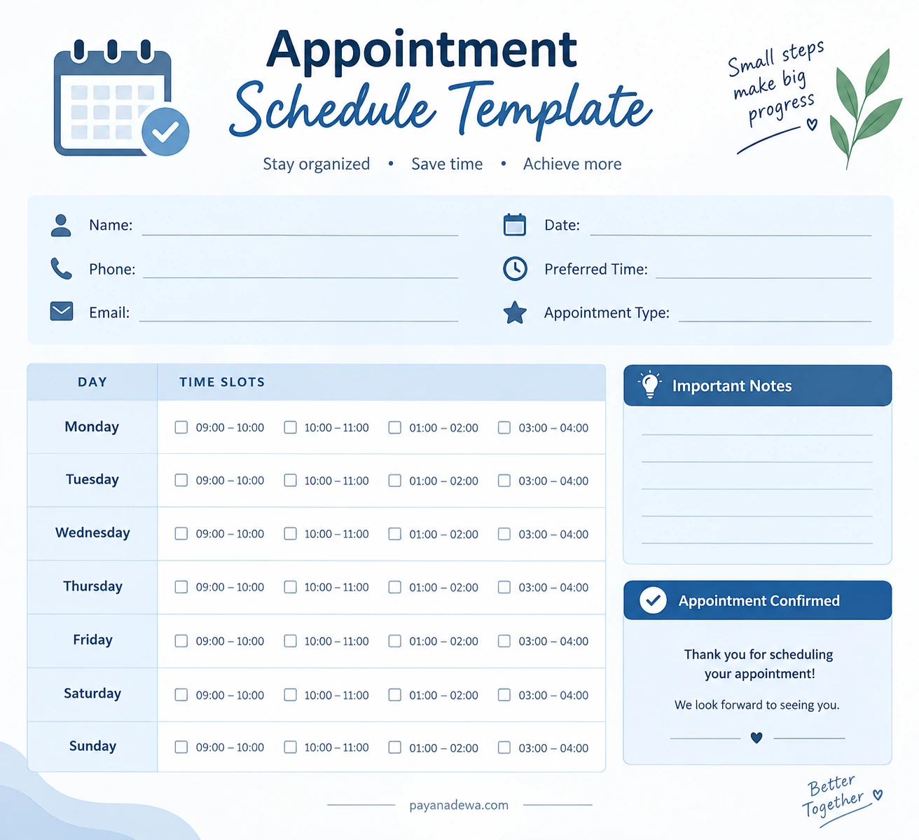 Printable schedule appointment template with weekly time slots and appointment details