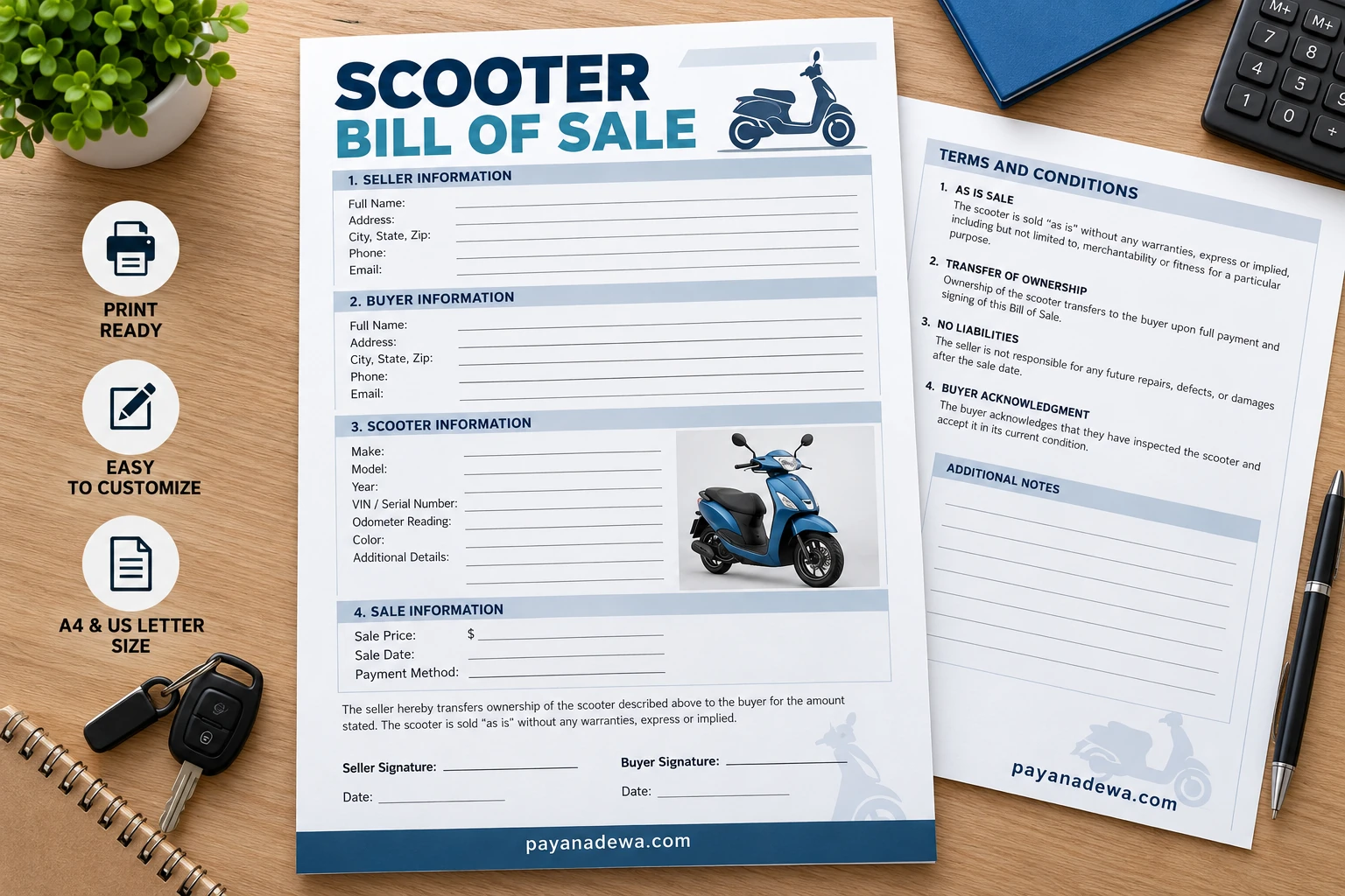 Printable Scooter Bill Of Sale Template featuring seller information, buyer details, scooter identification, sale price, and signature fields.