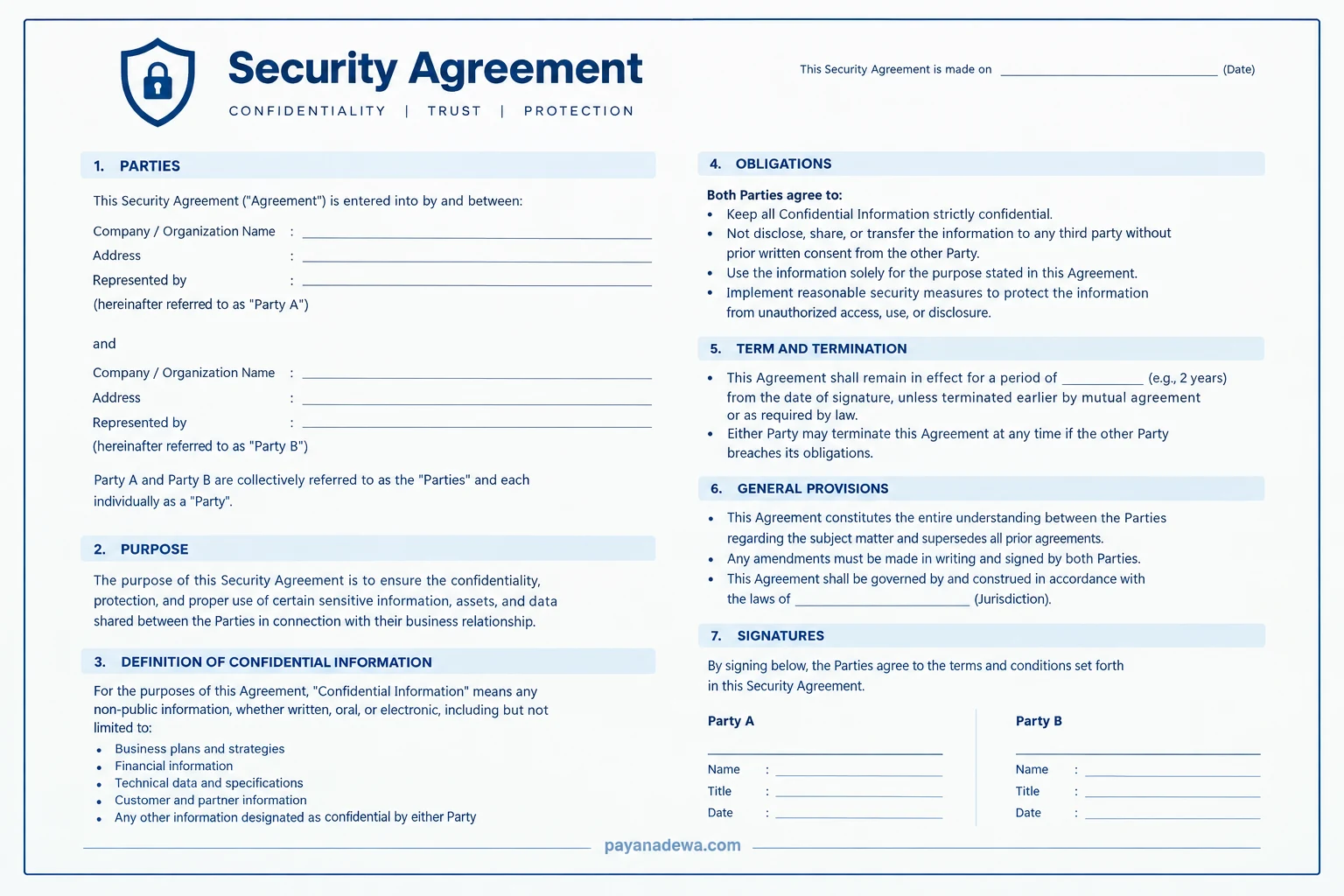 Printable Security Agreement template showing parties, obligations, term, confidential information, and signature sections