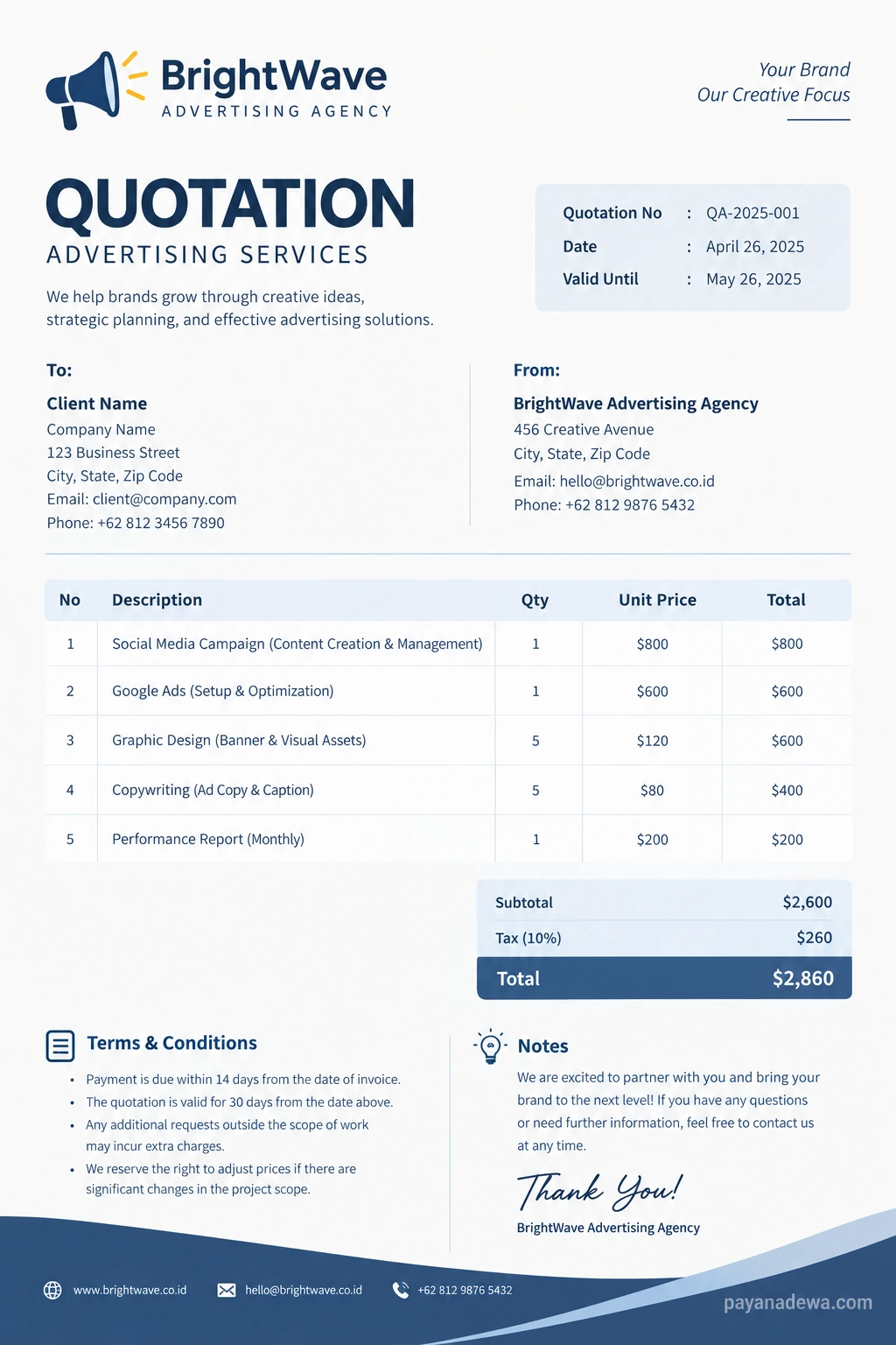 Simple advertising agency quotation template with advertising services, pricing, terms, and total costs