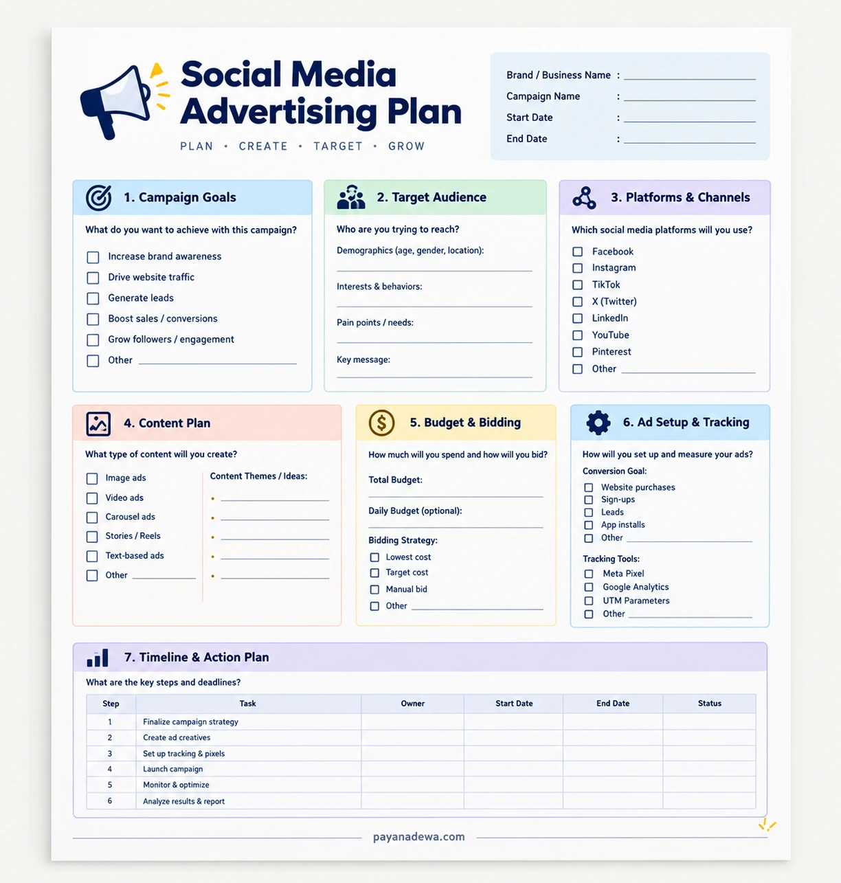 Printable Social Media Advertising Plan template with campaign goals, target audience, platforms, content, budget, tracking, and timeline sections