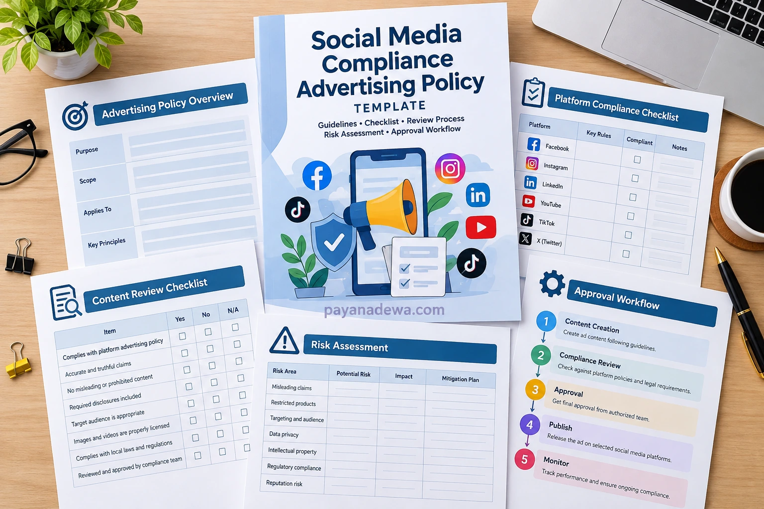 Social Media Compliance Advertising Policy Template Social media compliance advertising policy template with platform checklist, content review, risk assessment, and approval workflow.