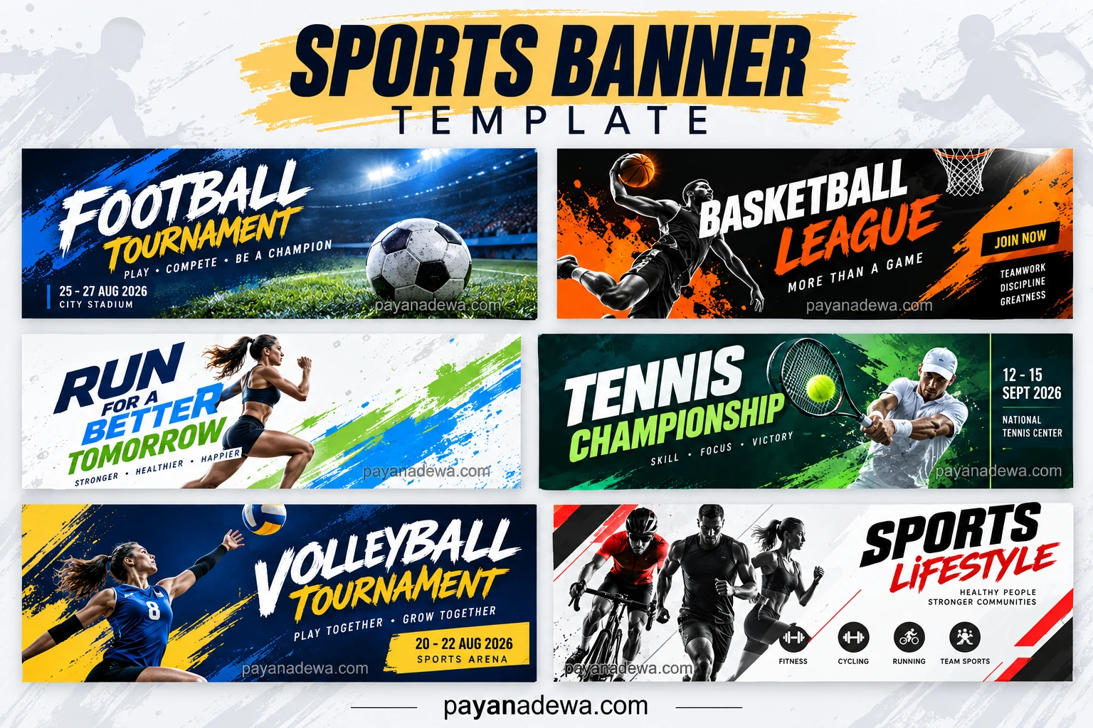Sports Banner Template featuring football, basketball, running, tennis, volleyball, and fitness designs