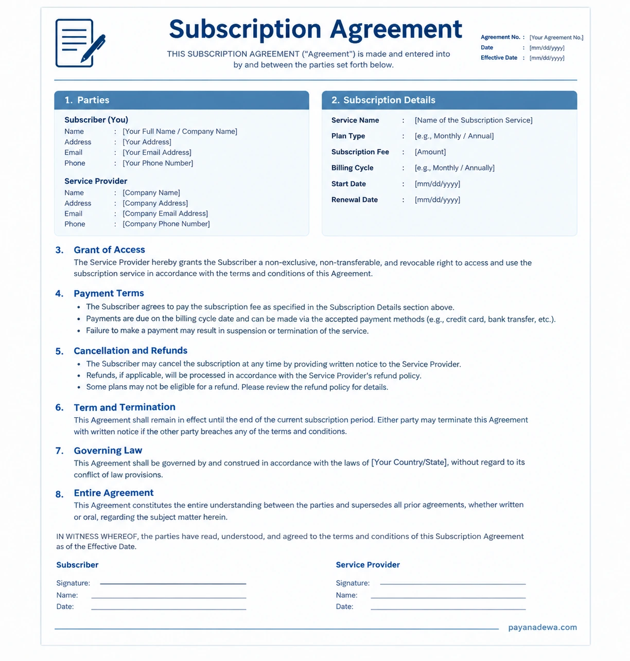Subscription Agreement template showing parties, subscription services, payment terms, cancellation policy, terms and conditions, and signatures