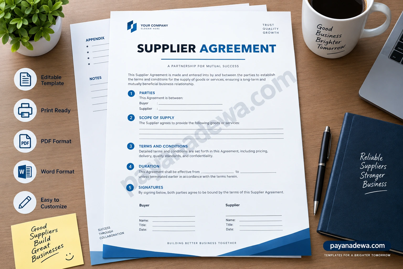 Professional Supplier Agreement template for business supplier relationships