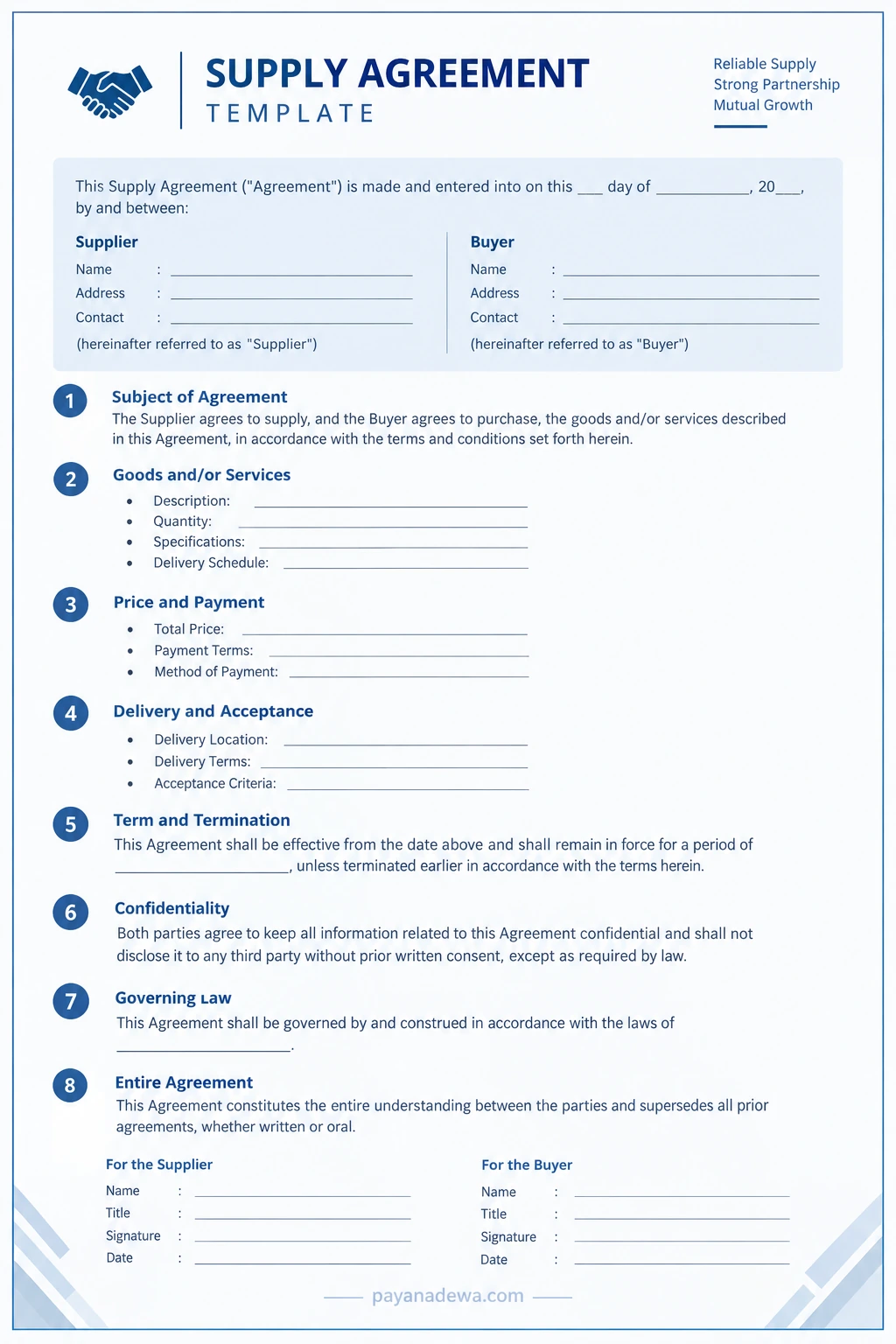 Supply Agreement Template Printable Supply Agreement template showing supplier and buyer details, contract terms, delivery provisions, and signature sections