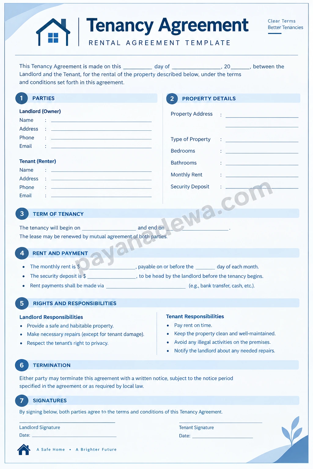 Tenancy Agreement Template Printable tenancy agreement template showing landlord and tenant details, rent terms, tenancy period, responsibilities, termination, and signatures