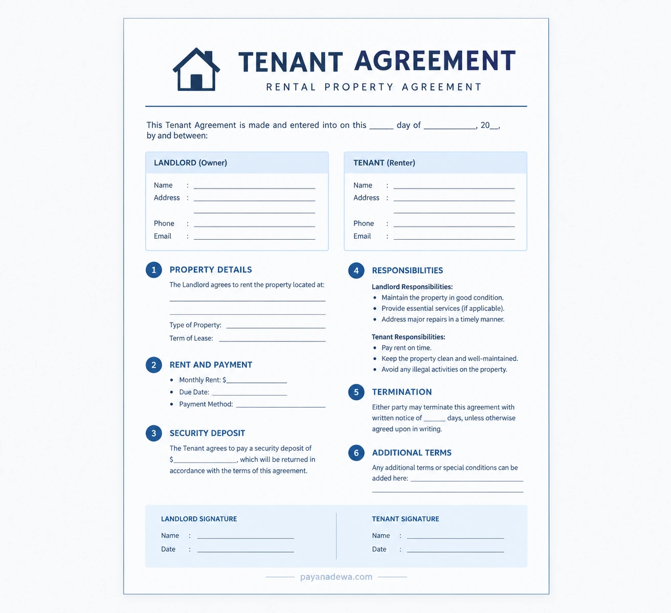 Tenant Agreement Template Printable Tenant Agreement template showing landlord and tenant details, rent, deposit, responsibilities, termination terms, and signatures