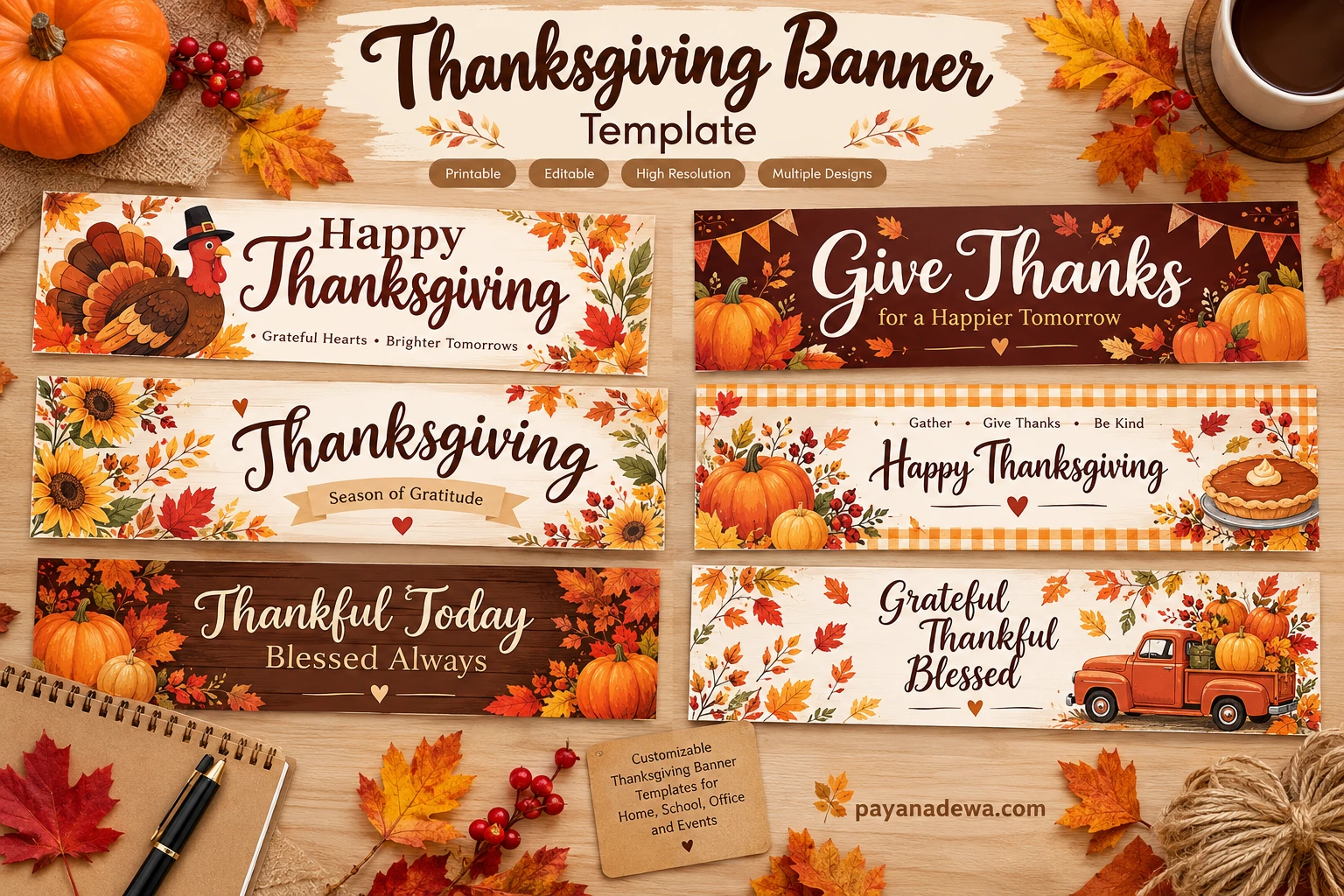 Thanksgiving Banner Template with autumn leaves, pumpkins, and printable holiday designs
