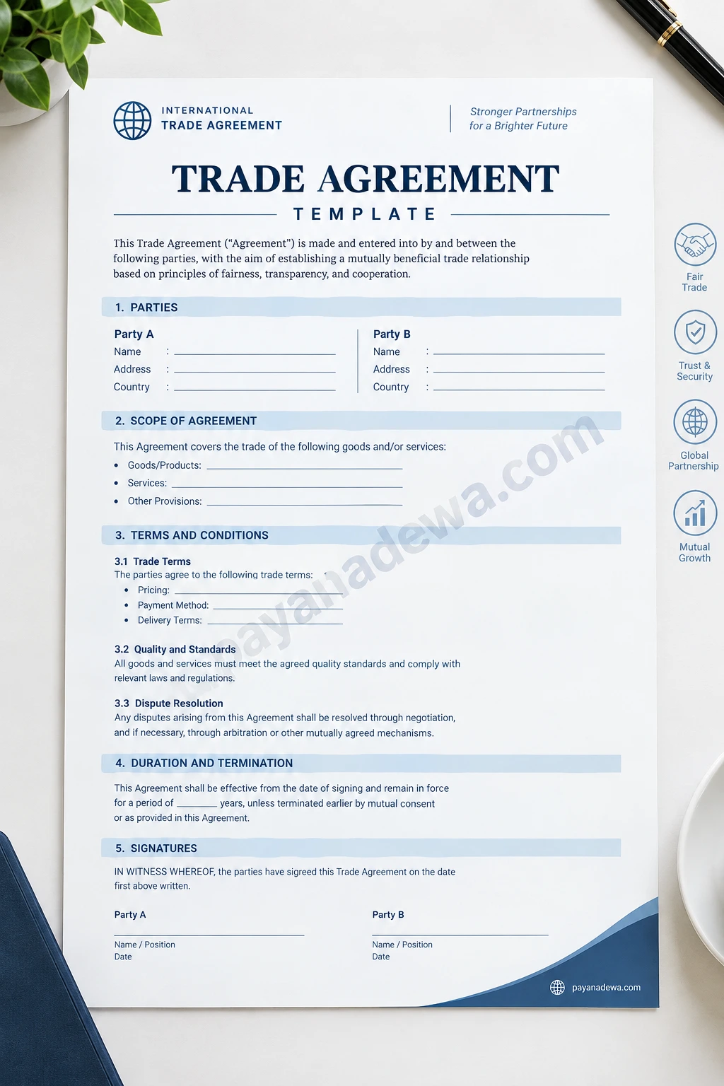 Trade Agreement Template showing parties, trade terms, conditions, duration, and signatures