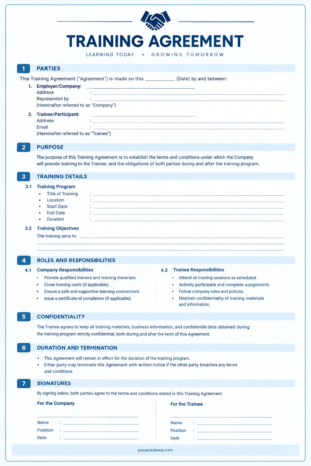 Training Agreement Professional Training Agreement template showing training details, responsibilities, termination terms, and signature sections