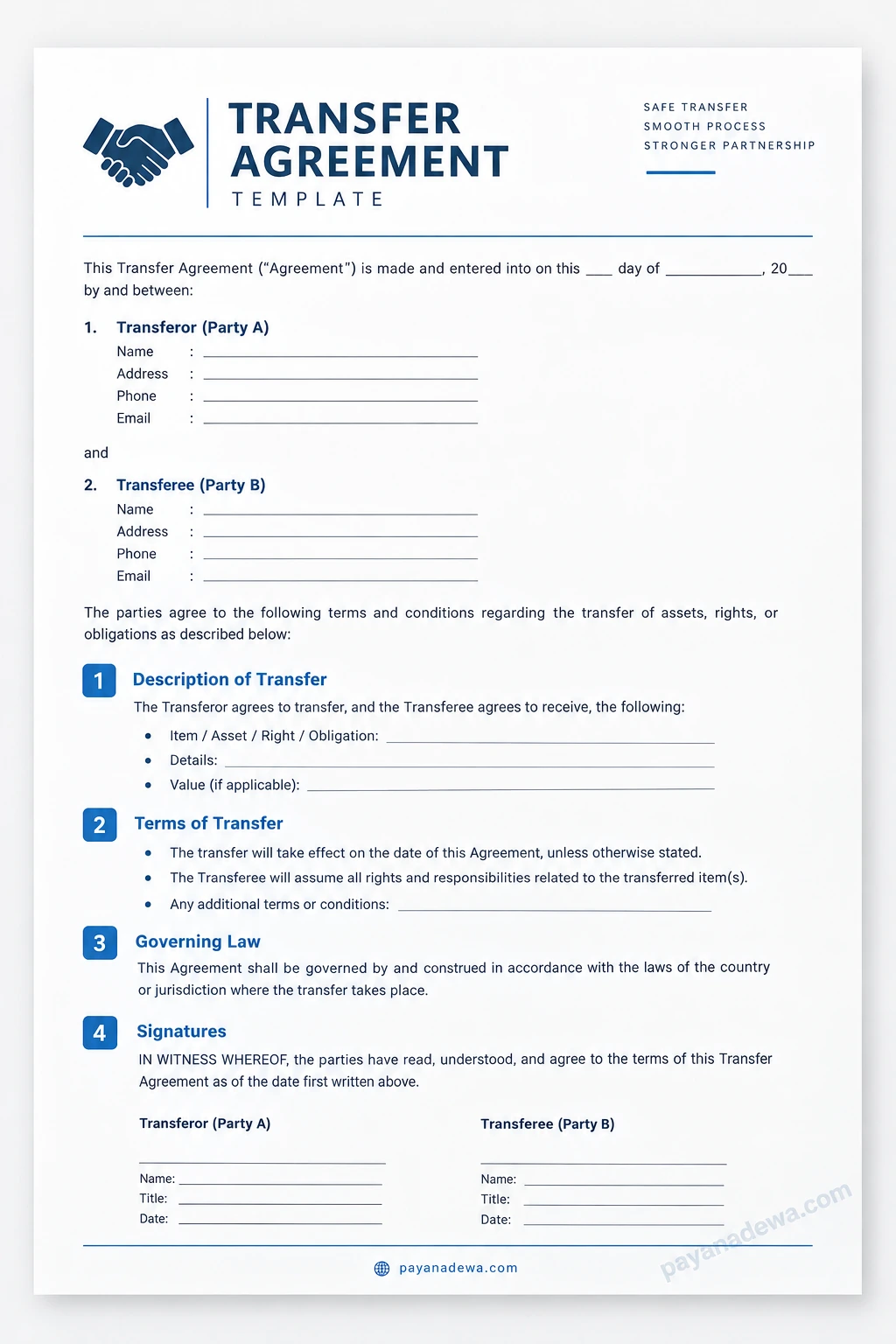 Transfer Agreement Template Transfer Agreement template showing transferor and transferee details, transfer terms, governing law, and signature sections