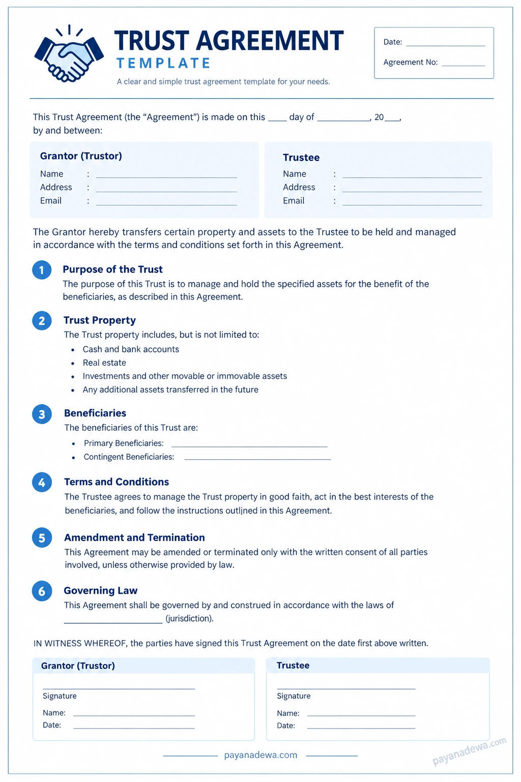 Trust Agreement Template Printable Trust Agreement template with grantor, trustee, beneficiaries, trust property, terms, governing law, and signature sections