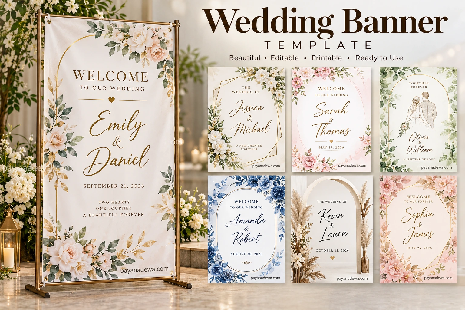 Elegant Wedding Banner Template with floral design and editable wedding signage