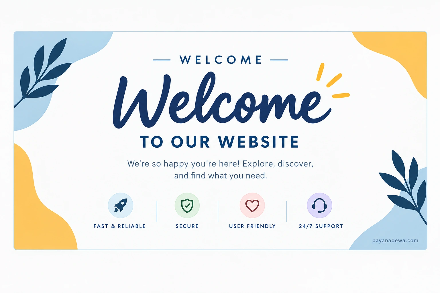 Clean printable welcome banner template with modern typography, blue and gold accents, foliage, and simple feature icons