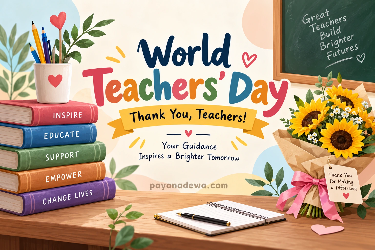 World Teachers Day Banner Template Colorful World Teachers' Day Banner Template with books, flowers, classroom elements, and teacher appreciation message